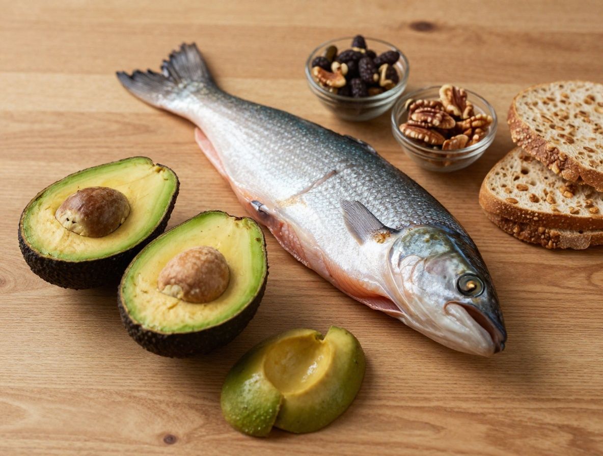 Selección variada de macronutrientes sobre tabla de madera: aguacate partido, salmón fresco, legumbres en cuencos, pan integral y nueces, con iluminación cálida natural