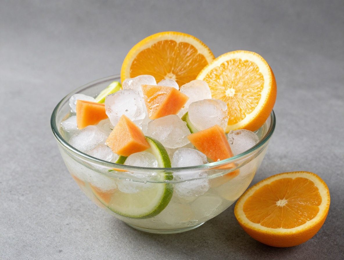 Vaso de agua con hielo y rodajas de limón fresco junto a un cuenco de frutas con alto contenido hídrico como sandía, pepino y naranja sobre fondo blanco