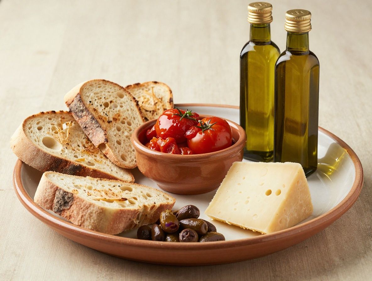 Mesa provenzal con platos de cocina mediterránea tradicional: aceitunas, tomates frescos, pan artesanal, queso y aceite de oliva en recipientes de cerámica rústica